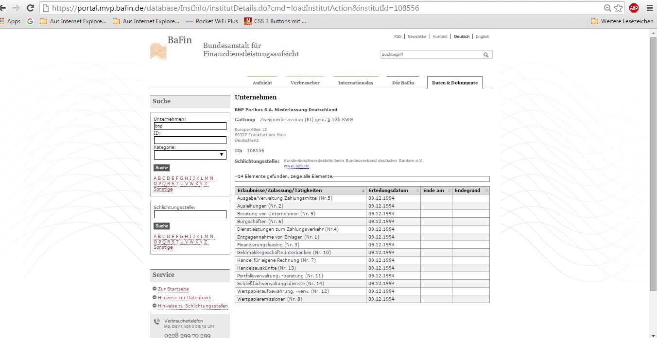Auszug aus dem Unternehmensregister der deutschen BaFin – BNP Paribas S.A. Niederlassung Deutschland