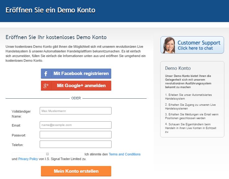 Einfaches Anmeldeformular für das Signal Trader Demo-Konto mit 100.000 USD virtuellem Startguthaben