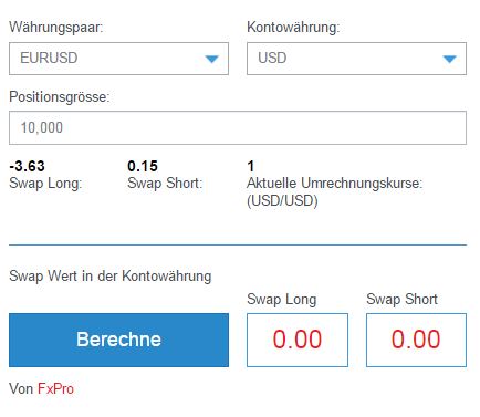 FxPro bietet seinen Kunden einen Swap-Rechner, mit dem Sie die Gebühren berechnen können