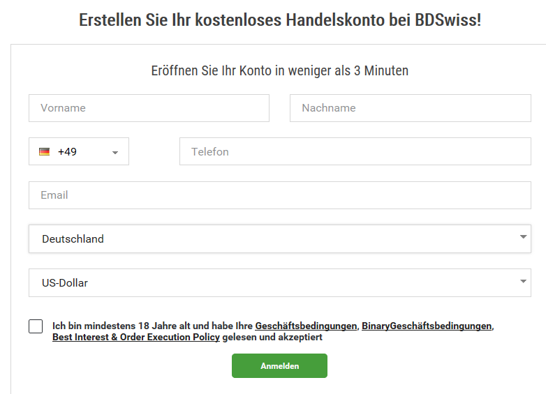 Das Anmeldeformular für die Live-Kontoeröffnung bei BDSwiss