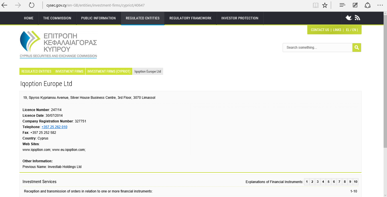 Unternehmensregister der zypriotischen Aufsichtsbehörde CySEC – Iqoption Europe Ltd.